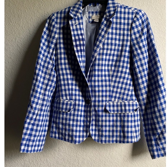 J.Crew Campbell Linen Blend Blue Gingham Check Preppy Academia Office Blazer 2 - Picture 2 of 16